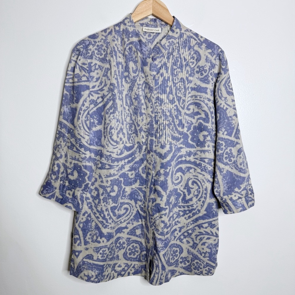 NWOT Coldwater Creek Blue Printed Linen Long Sleeve Pleated Tunic Large Petite